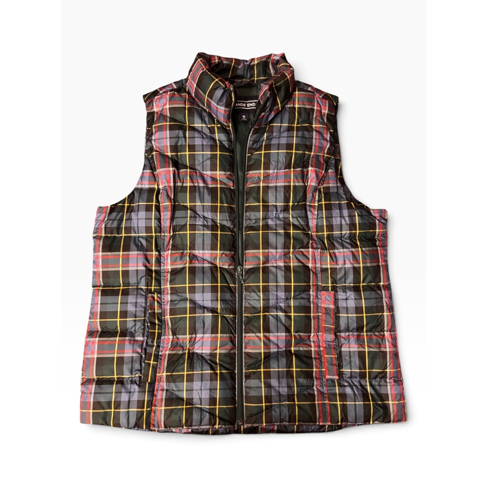 Lands' End Womens Plaid Puffer Vest XL 18 Tartan Quilted Full Zip 488142